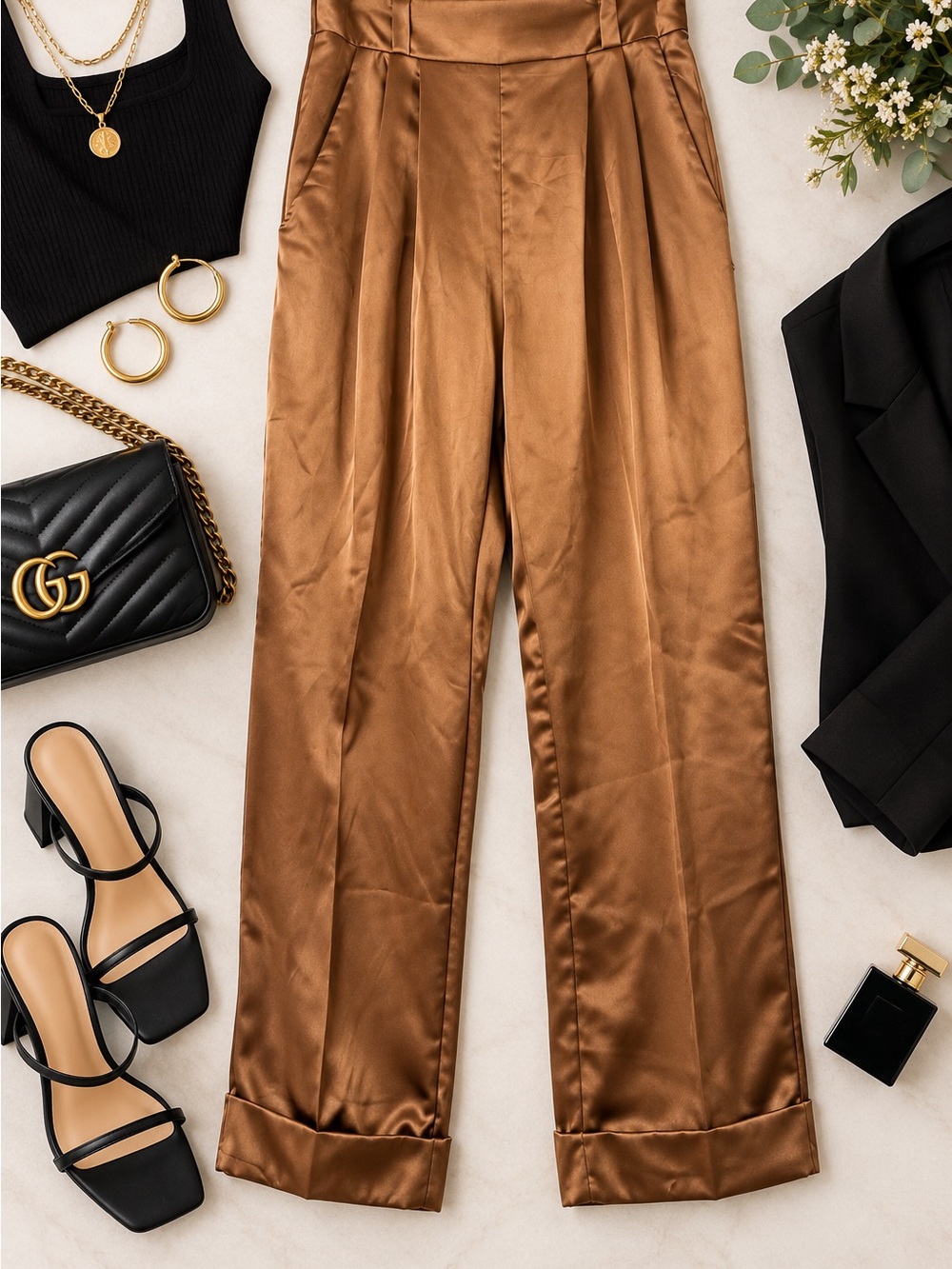 Monteau Los Angeles Bronze Satin Pleated Pants – Size M
